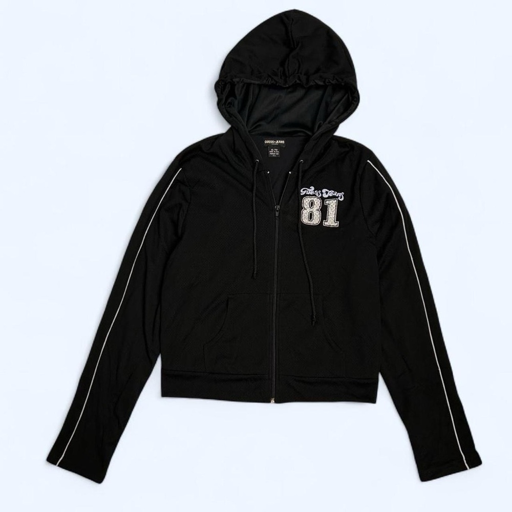 Vintage Y2K Guess Black Athletic Mesh Zip Up Hooded Jacket w Glitter Logo - Picture 2 of 8
